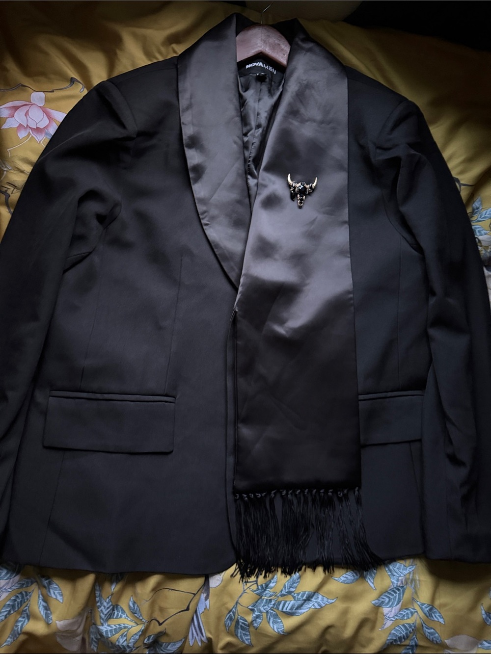 Men’s 46R black tuxedo blazer with satin fringe trim lapel / worn once